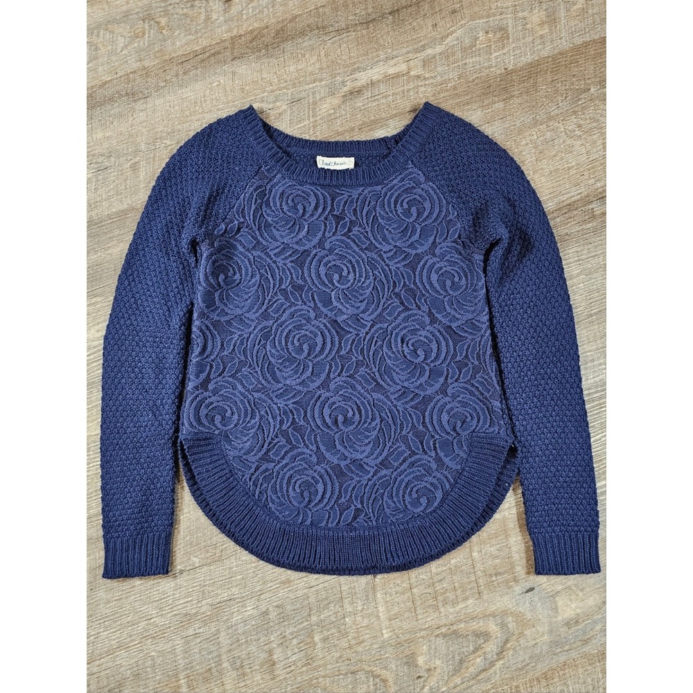 Cloud Chaser Navy Blue Floral Lace Front Knit Sweater XS Boho Rose High Low Hem